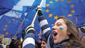 Students take part in a rally to support EU integration in Kiev