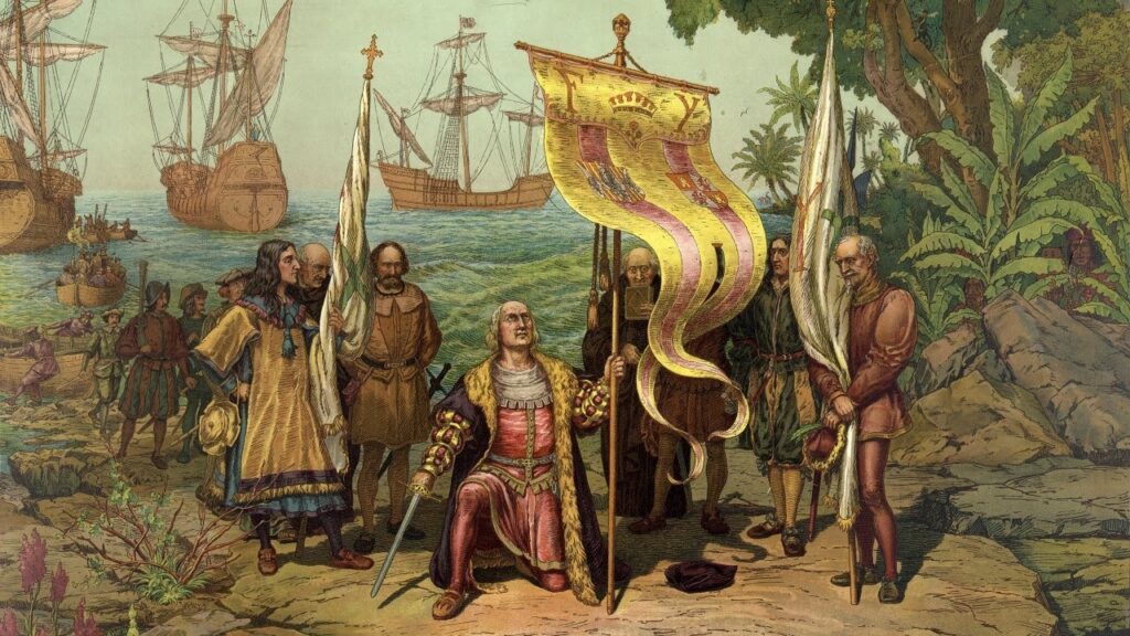Conquistadors débarquant en Amérique, scène évoquant les veines ouvertes de l’Amérique latine de Galeano