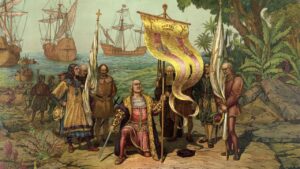 Conquistadors débarquant en Amérique, scène évoquant les veines ouvertes de l’Amérique latine de Galeano