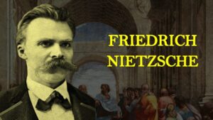 Portrait de Friedrich Nietzsche devant une représentation de philosophes antiques, figure majeure de la pensée moderne.