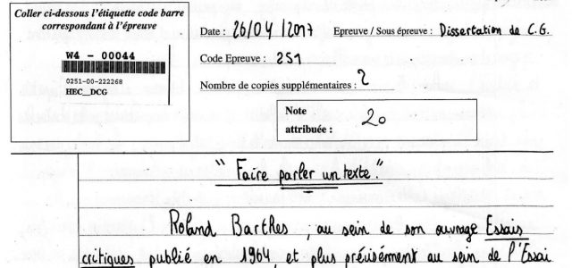 Culture générale HEC – copie de concours notée – 20/20 (2017)