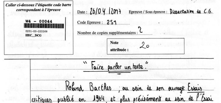 Culture générale HEC – copie de concours notée – 20/20 (2017)