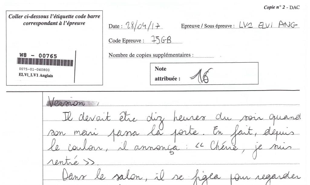 Une copie d'anglais LV1 CCIP ayant obtenu 16/20 Major Prépa