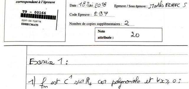 Copie notée 20/20 : Maths EDHEC 2018 ECS