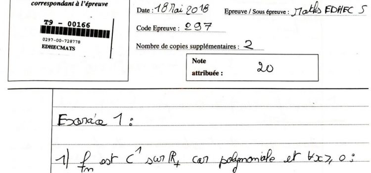 Copie notée 20/20 : Maths EDHEC 2018 ECS