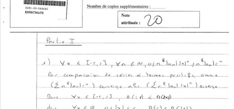 Copie de maths ESSEC 2018 notée 20/20