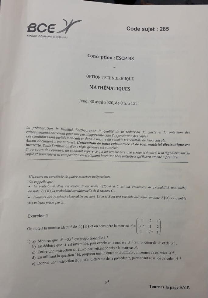 sujet maths ESCP 2020 1