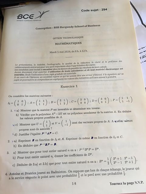 sujet maths BSB ECT 2020 1 