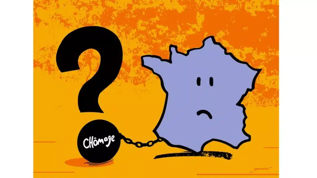 Illustration du chômage structurel français avec une carte de France enchaînée à un point d’interrogation.