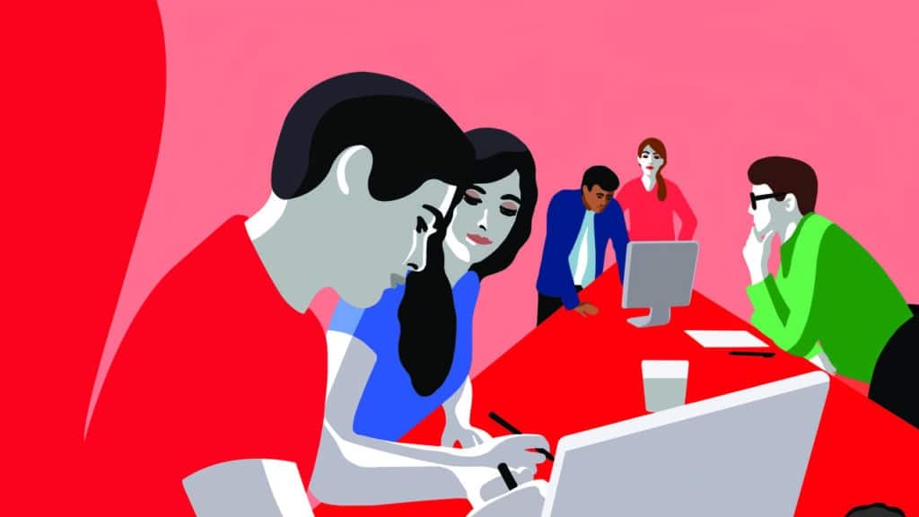 Illustration d’une scène de travail en groupe inspirée des grandes théories classiques en management.