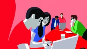 Illustration d’une scène de travail en groupe inspirée des grandes théories classiques en management.