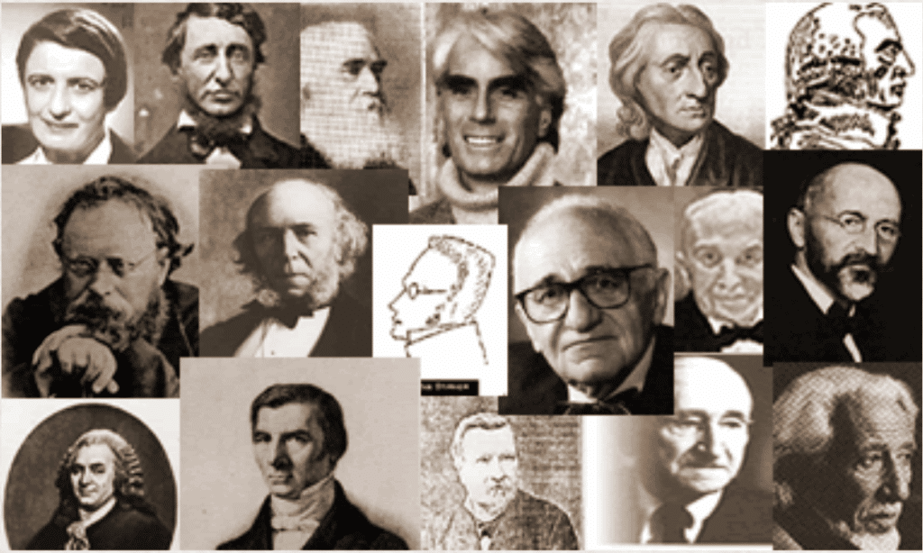 Collage de portraits anciens illustrant divers penseurs pour présenter des économistes incontournables.