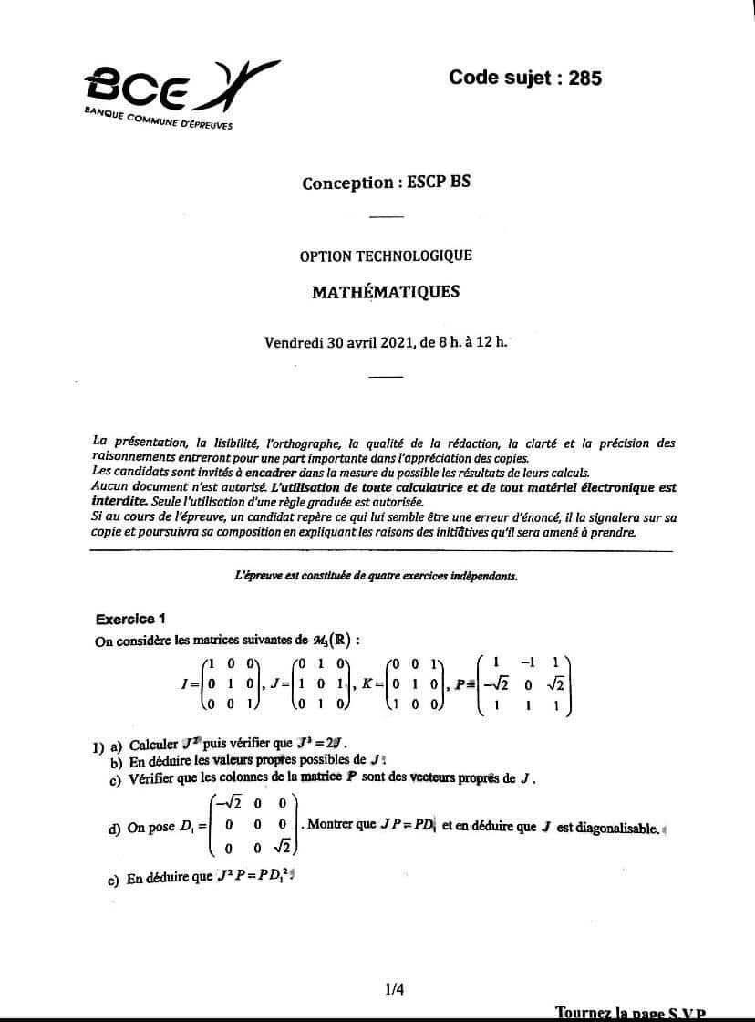 Sujet Maths ECT ESCP 2021
