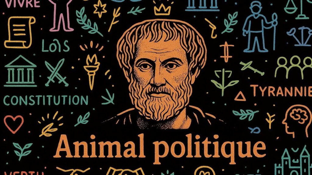 Illustration colorée d’Aristote avec l’inscription « Animal politique » entourée de symboles philosophiques et politiques.