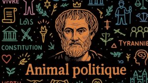 Illustration colorée d’Aristote avec l’inscription « Animal politique » entourée de symboles philosophiques et politiques.