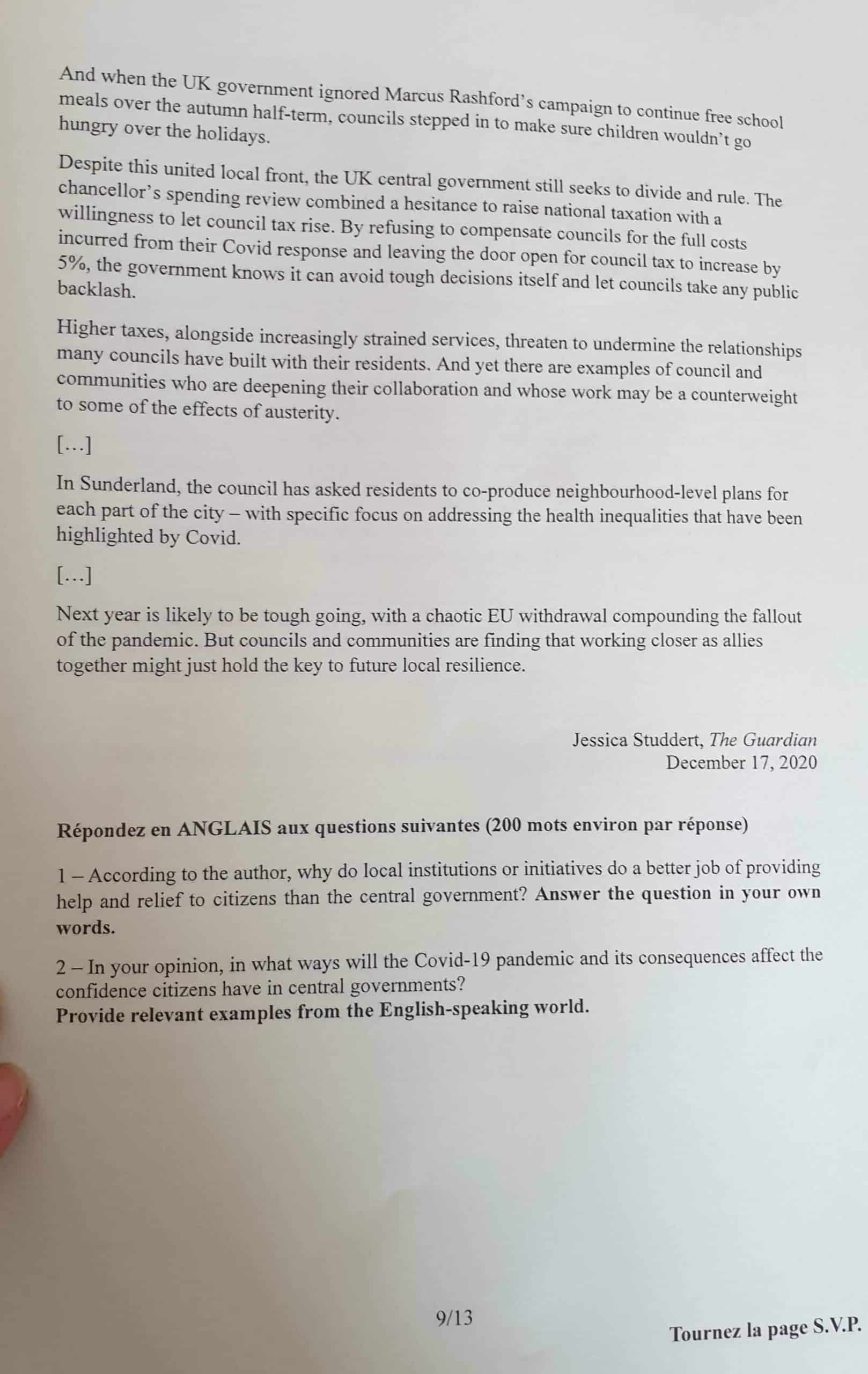 Sujet LV2 Anglais ELVi 2021