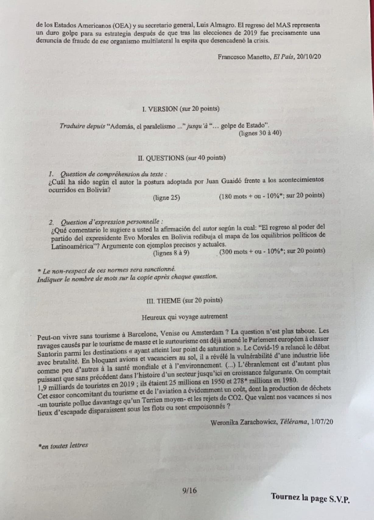 sujet Espagnol LV1 IENA 2021
