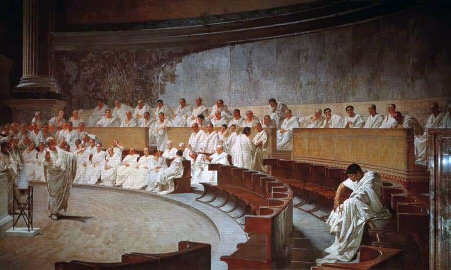 Tableau de Cesare Maccari, « Cicero Catilinam Denunciat » (Cicéron dénonce Catilina), peint entre 1882 et 1888.