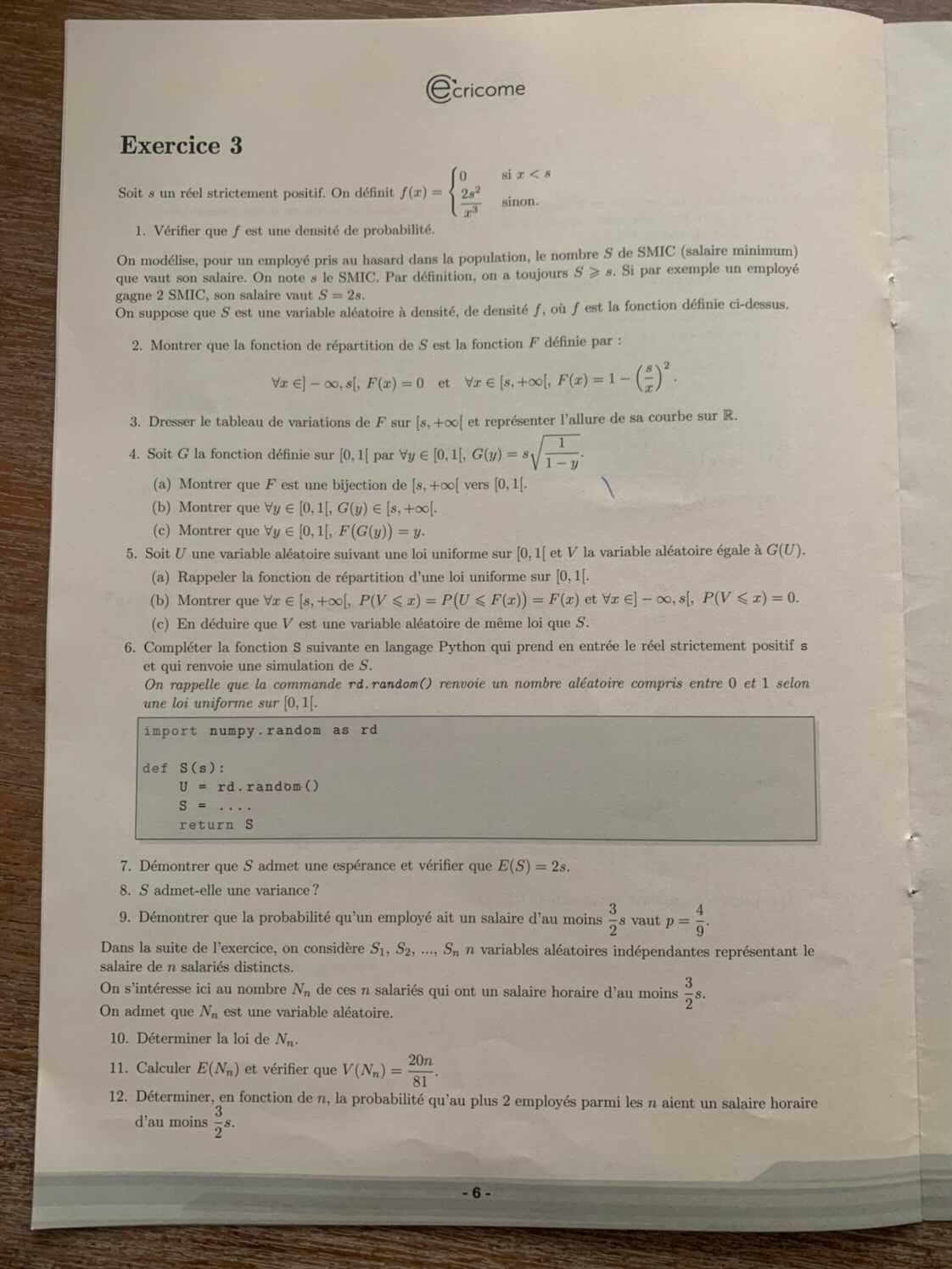Sujet de maths Ecricome ECT 2023 - Major Prépa