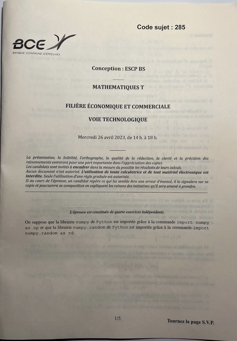 Sujet maths escp 2023 ECT 1/5