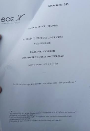 La décroissance peut-elle être compatible avec l'etat-providence? - Sujet ESH ESSEC HEC 2023