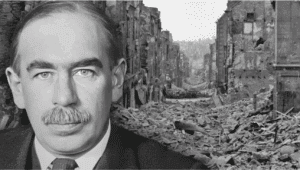 Portrait de Keynes sur fond de ruines pour illustrer les théories de Keynes
