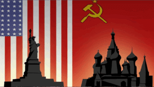 Illustration de la Guerre froide avec les symboles des États-Unis et de l’URSS.