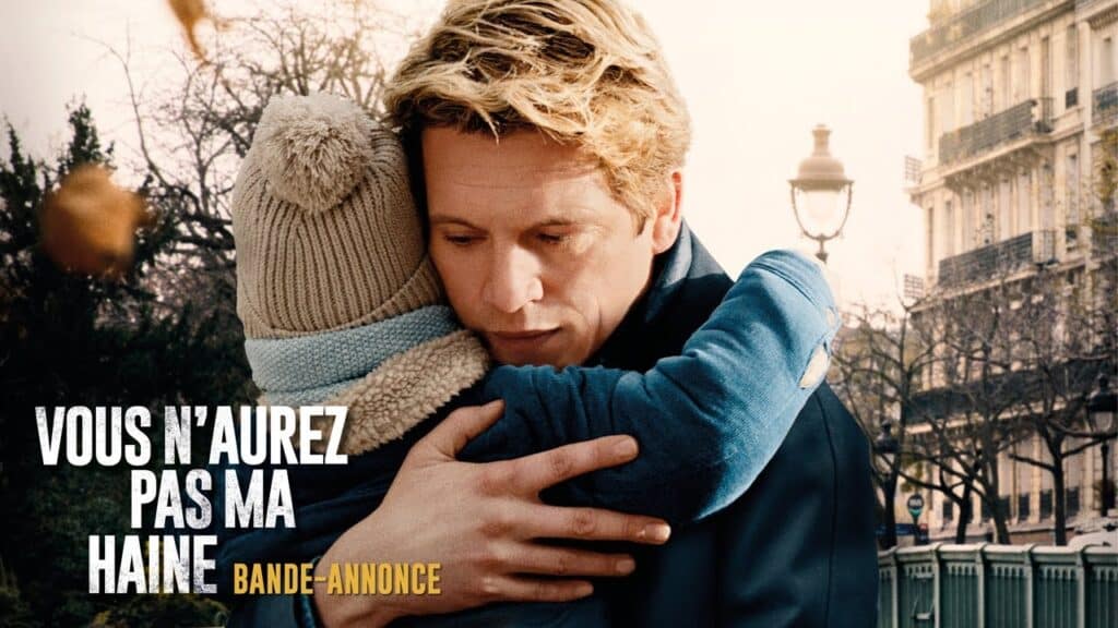 Affiche du film Vous n’aurez pas ma haine (2022), adaptation du récit d’Antoine Leiris, mettant en scène un père et son fils après les attentats du Bataclan.