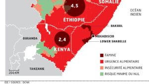 Carte de la Corne de l’Afrique montrant les zones de famine et d’insécurité alimentaire dans la région.