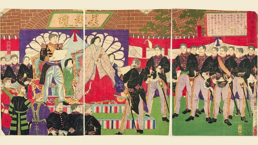 Illustration de l’ère Meiji au Japon avec l’empereur et ses réformes politiques.