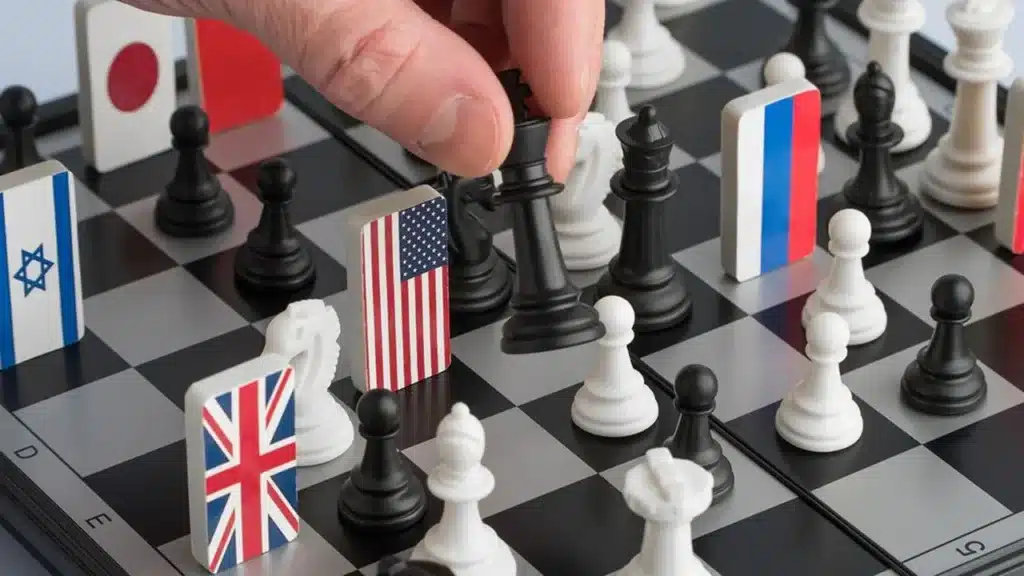 Plateau d’échecs symbolisant les rivalités géopolitiques mondiales entre grandes puissances, en référence à Le Grand Échiquier de Zbigniew Brzezinski.