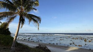 Plage et océan à Nauru, symbole des enjeux écologiques de l’exploitation marine.