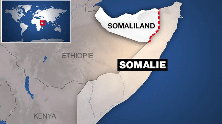Carte du Somaliland, territoire au nord-ouest de la Somalie dans la Corne de l’Afrique, avec frontières maritimes sur le golfe d’Aden et terrestres avec Djibouti et l’Éthiopie.