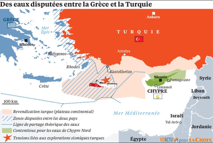Carte géopolitique du bassin méditerranéen montrant les rivalités maritimes entre Grèce et Turquie