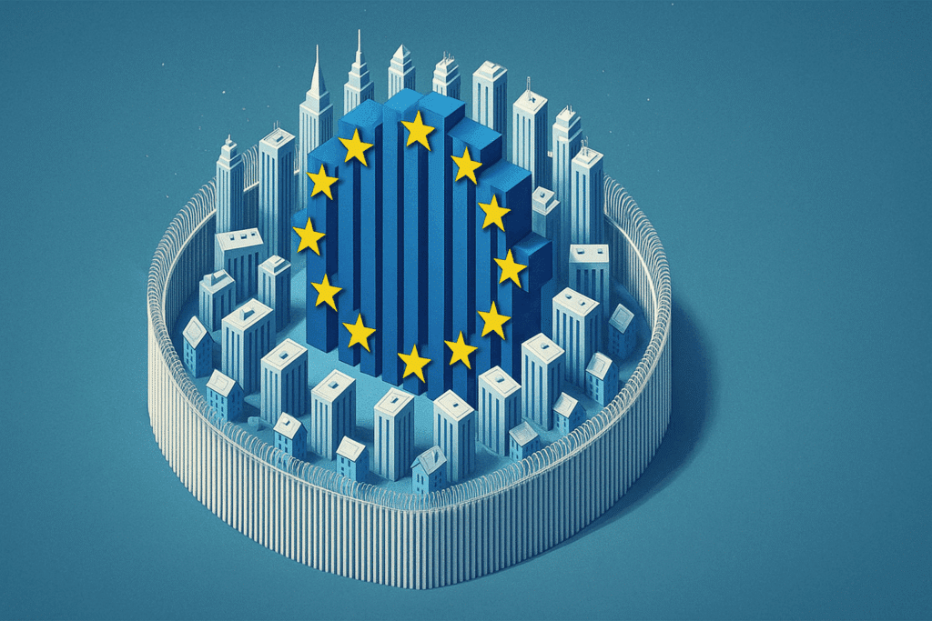 Image du protectionnisme européen, représentant la défense du marché intérieur face aux menaces extérieures