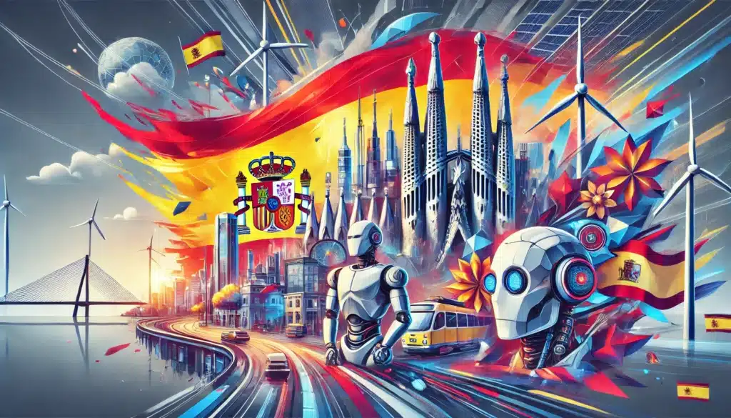 Illustration futuriste de l'Espagne représentant les innovations en Espagne, avec robots, éoliennes et gratte-ciel