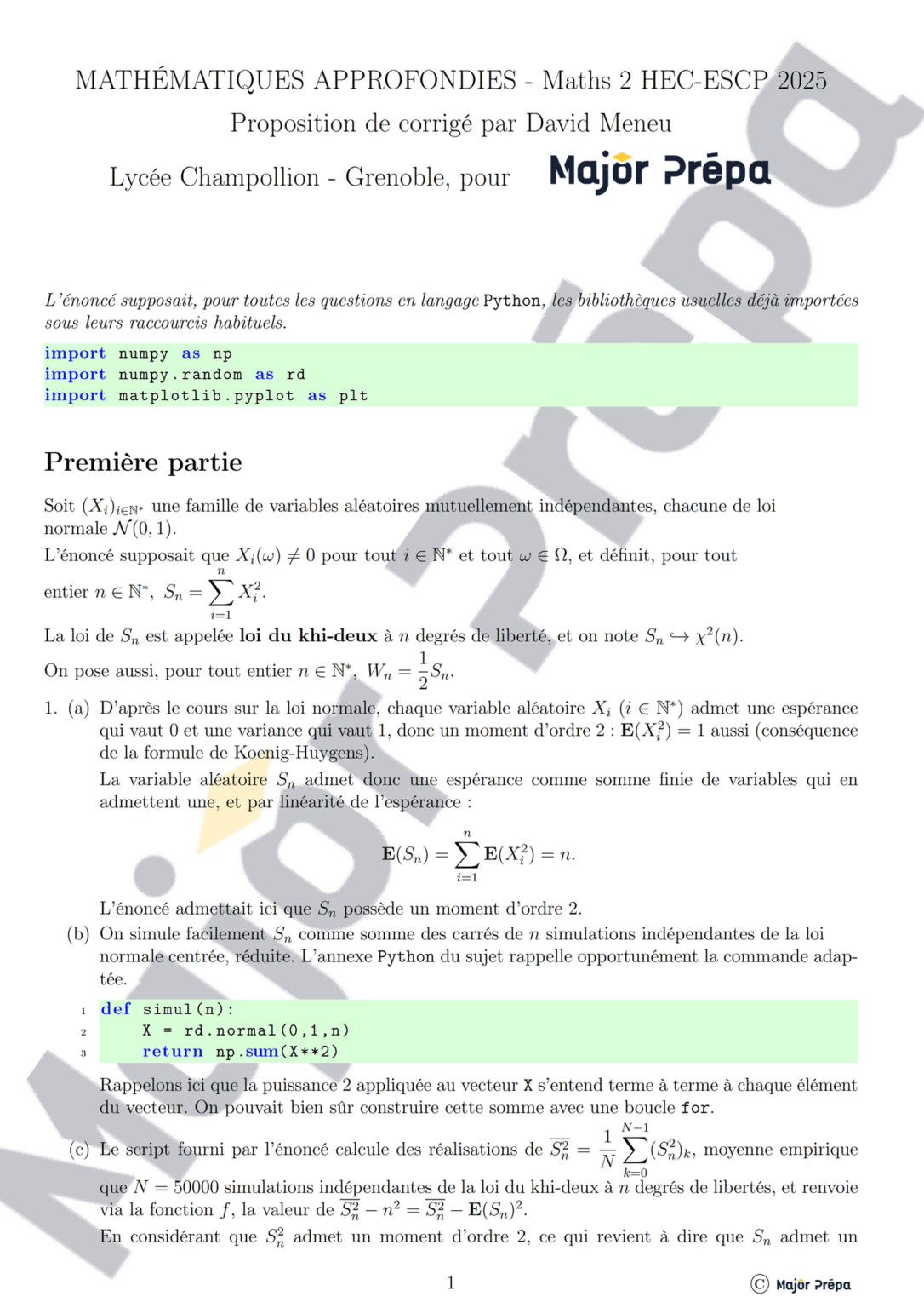 Maths II approfondies HEC ESCP 2025 Corrigé Major Prépa — free download
