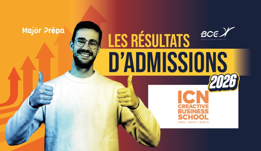 Infographie des informations clés et résultats d'admission post-prépa d'ICN Business School.