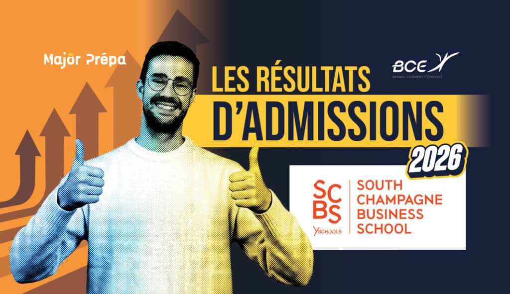 Infographie des informations clés et résultats d'admission post-prépa de SCBS South Champagne Business School.