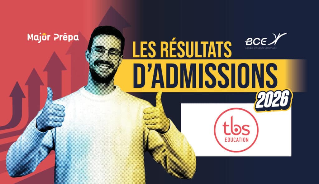 Infographie des informations clés et résultats d'admission post-prépa de TBS Education.
