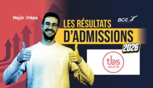 Infographie des informations clés et résultats d'admission post-prépa de TBS Education.