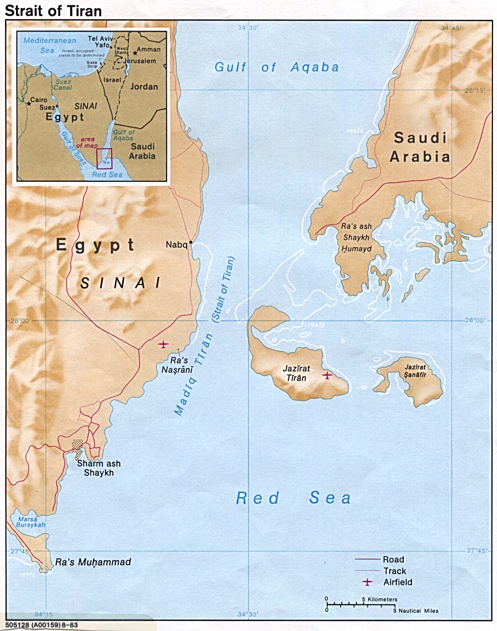 Carte du détroit de Tiran, reliant la mer Rouge au golfe d’Aqaba, entre l’Égypte, l’Arabie saoudite, Israël et la Jordanie. Un point névralgique des routes maritimes du Proche-Orient.