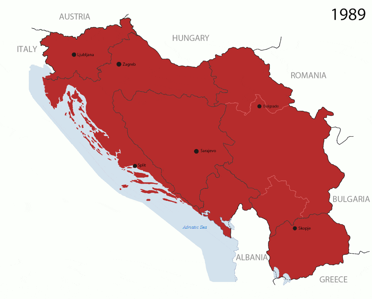 Carte de la dislocation de l’ex-Yougoslavie en 1995 montrant les nouveaux États indépendants.