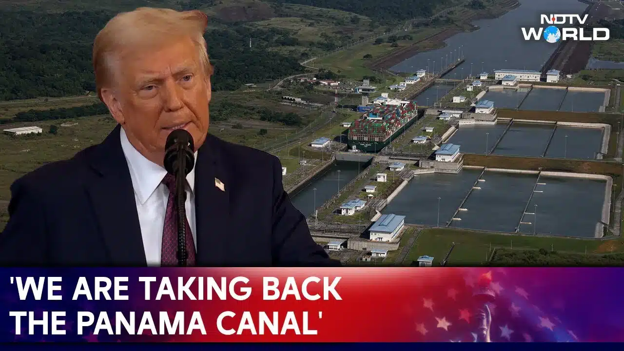 Donald Trump évoquant la reprise du contrôle du Canal de Panama lors d’un discours, sur fond du canal et de ses écluses.