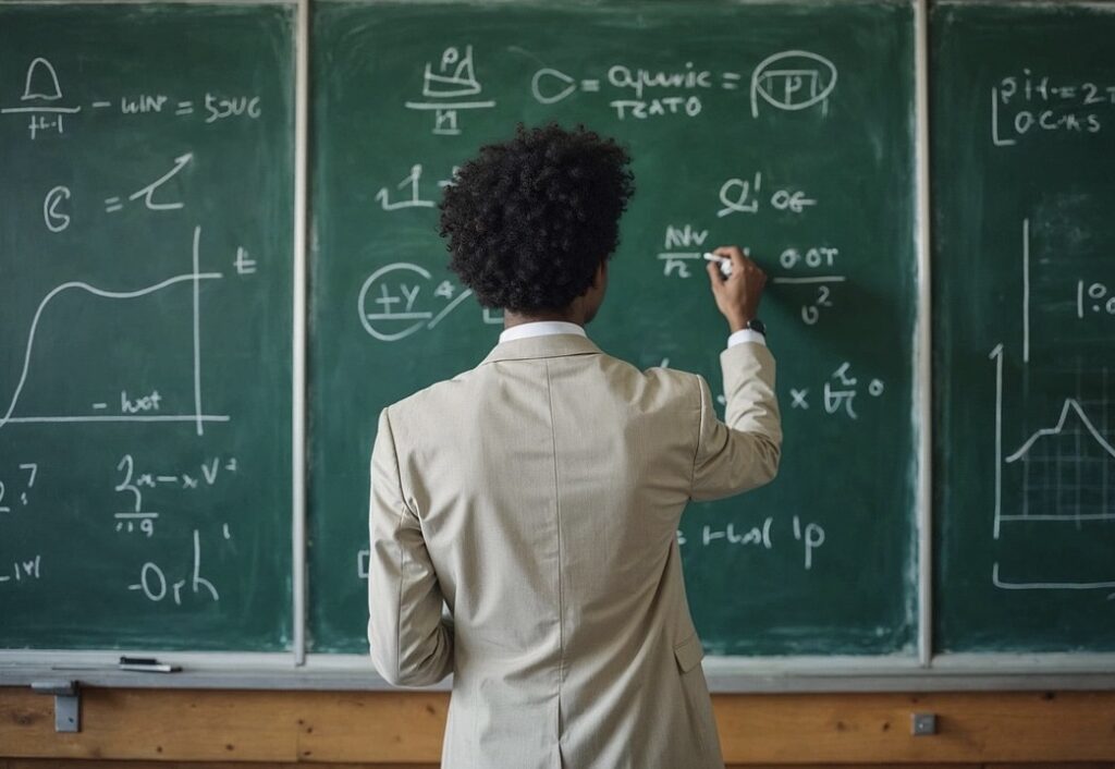 Professeur de mathématiques écrivant des formules au tableau pendant un cours en prépa scientifique, illustrant le rythme exigeant et structuré de la formation.