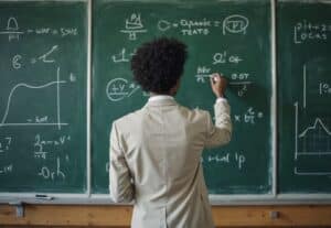 Professeur de mathématiques écrivant des formules au tableau pendant un cours en prépa scientifique, illustrant le rythme exigeant et structuré de la formation.
