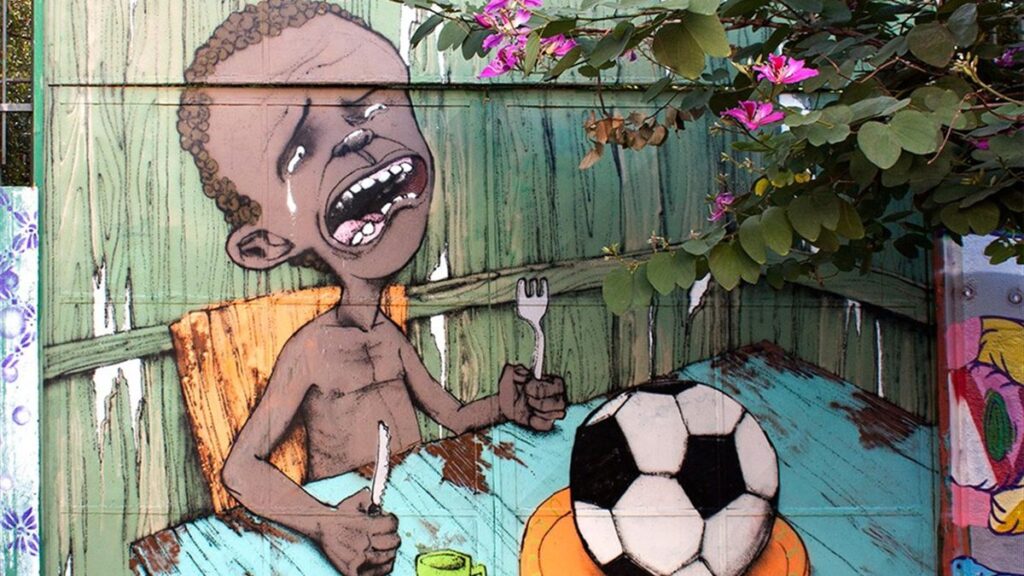 Peinture murale de Paulo Ito à São Paulo dénonçant la pauvreté et les inégalités au Brésil pendant la Coupe du monde 2014 JOs