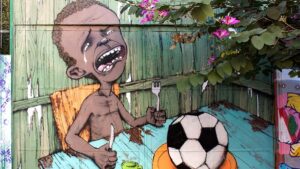 Peinture murale de Paulo Ito à São Paulo dénonçant la pauvreté et les inégalités au Brésil pendant la Coupe du monde 2014 JOs