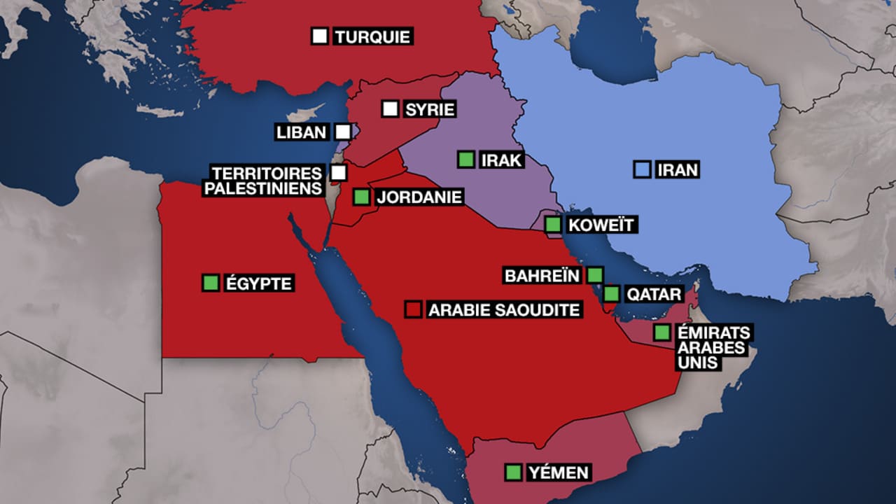 Carte géopolitique du Moyen-Orient montrant les principaux États de la région.