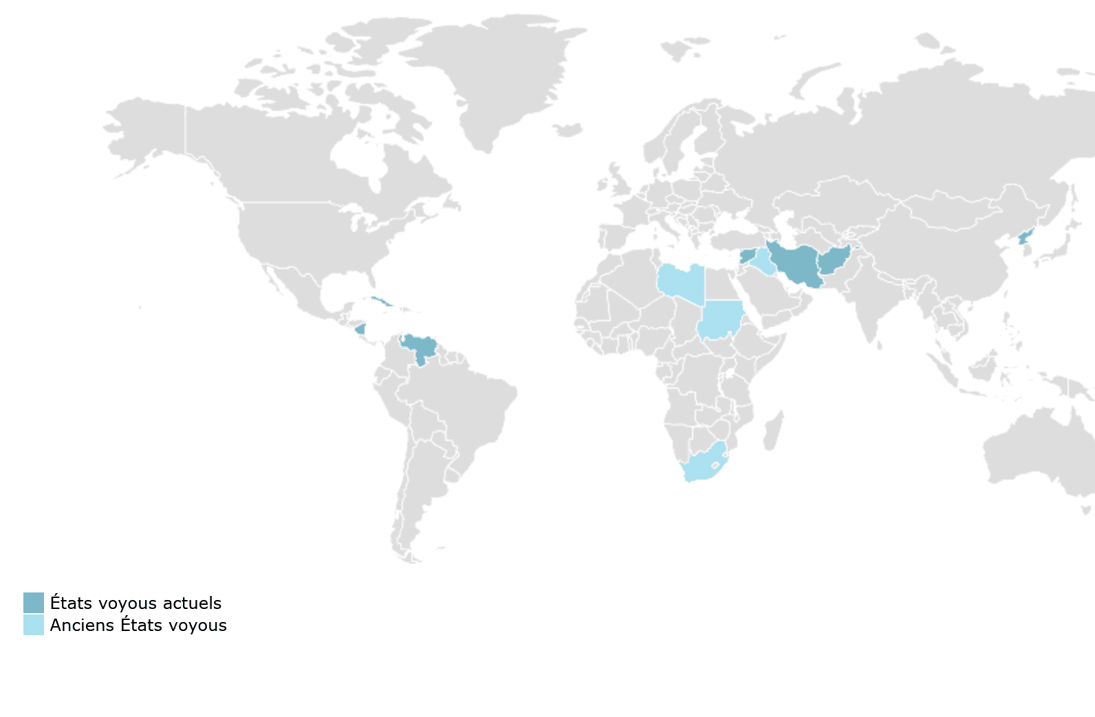 Carte mondiale illustrant les États voyous et anciens États voyous selon leur classification géopolitique.